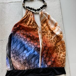 Bebe Brown and Cream Halter Top with Beaded Detail